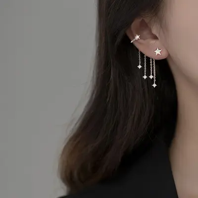 不对称流苏耳骨夹一体绕耳式超仙繁星坠落小众设计感锆石星星耳钉