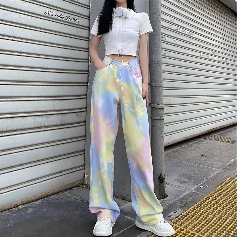 2025新款夏季彩虹扎染牛仔裤女ins原BF风宽松直筒阔腿裤子