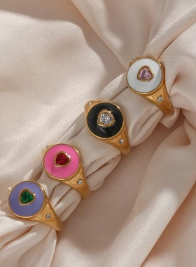 欧美ins复古时尚气质指环饰品不锈钢镀18k黑色滴油桃心白钻戒指