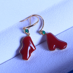 18K金镶阿卡牛血红珊瑚耳坠天然耳饰赤血珠宝级耳环正品气质款