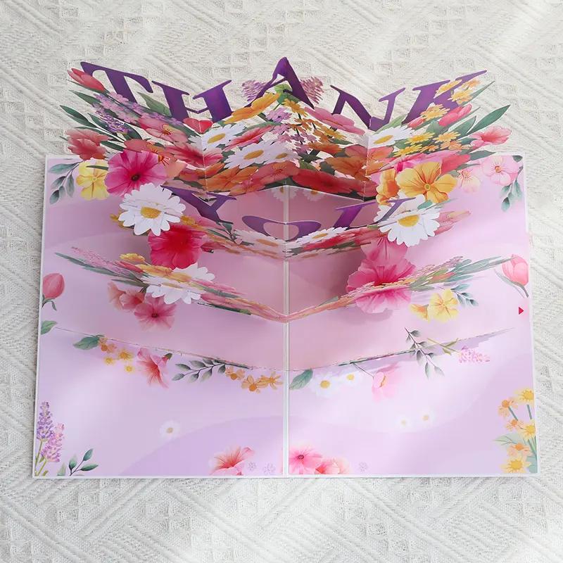 爆款母亲节立体生日贺卡粉紫封thank you父亲节生日祝福贺卡