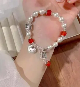 新款小手链女高级感百搭磨砂珠胖福事成牌银手饰品礼物