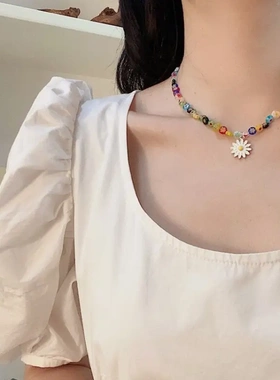 李斯妮周雨彤同款彩色琉璃花雏菊吊坠项链男女锁骨链配饰