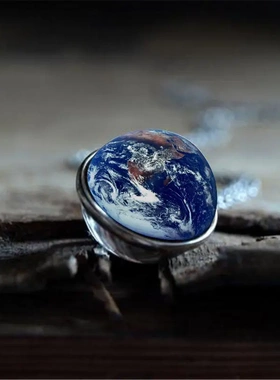 地球图案双面水晶玻璃球吊坠项链女百搭欧美饰品复古毛衣链