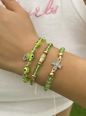 欧美饰品 夏季十字微镶佛手手饰 民族仿水晶串珠手链套装女