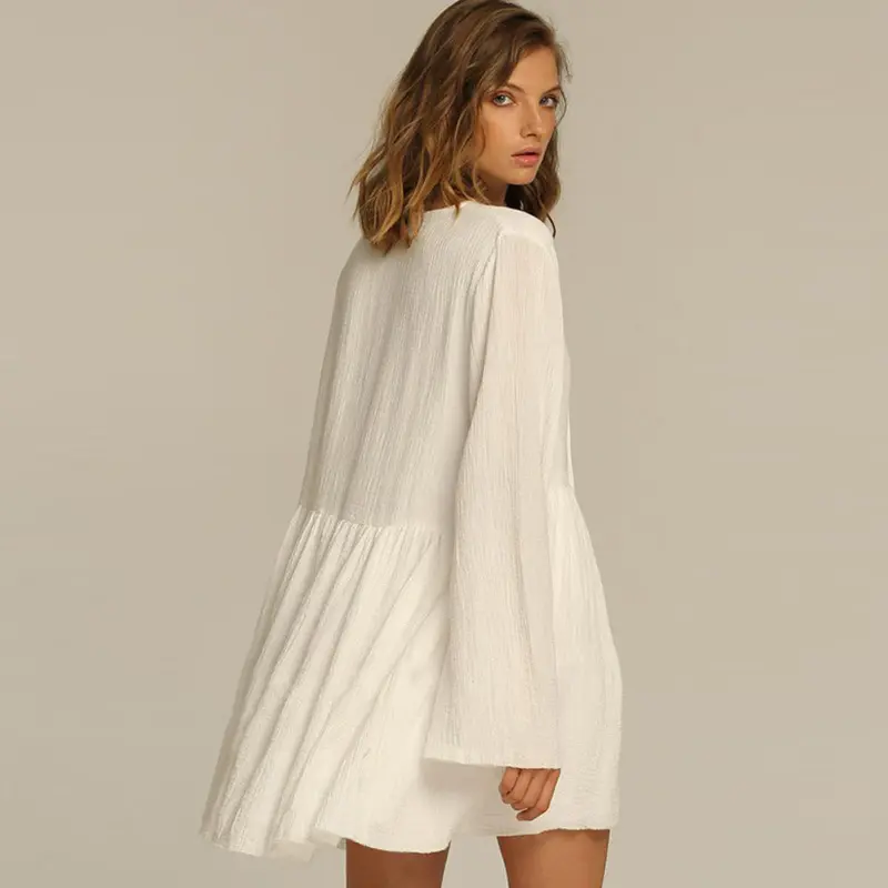 欧美新款皱纹布宽松长袖海边度假防晒沙滩外套泳衣罩衫女外搭短裙