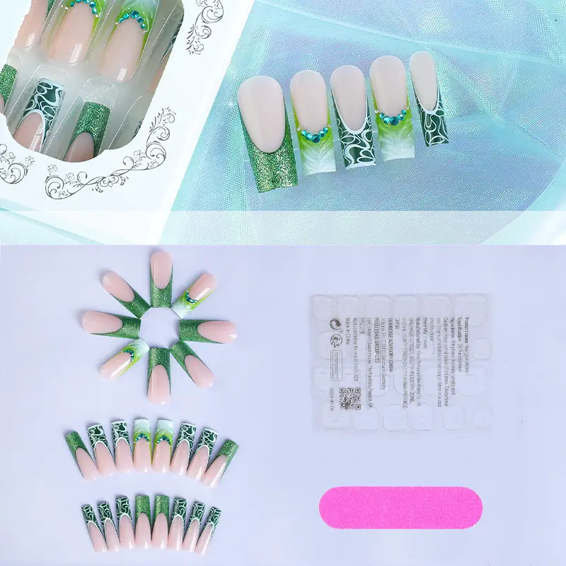 穿戴甲2025新款欧美水管甲绿色闪粉水钻指甲贴片可拆卸长款美甲片