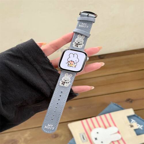 可爱米菲刺绣牛仔苹果表带适用ApplewatchS11S10S9S8SES65秋冬女