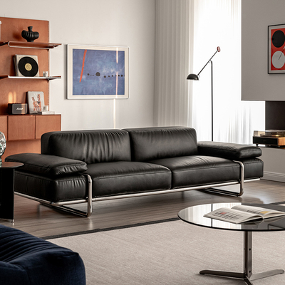 出乎生活塔林沙发中古包豪斯风黑色头层牛皮真皮设计感复古沙发