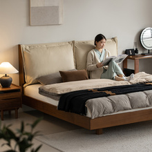 出乎生活云海软包床实木床黑胡桃木床真皮复古双人床1.8m主卧大床