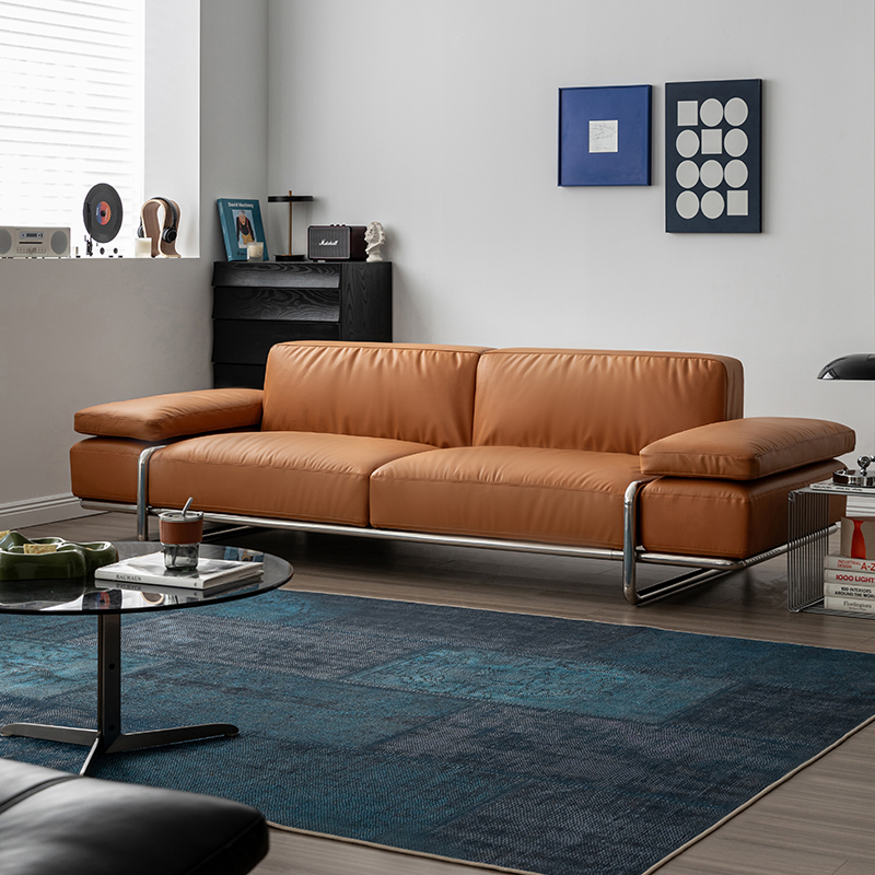 出乎生活塔林沙发中古包豪斯风落日棕头层牛皮真皮设计感复古沙发
