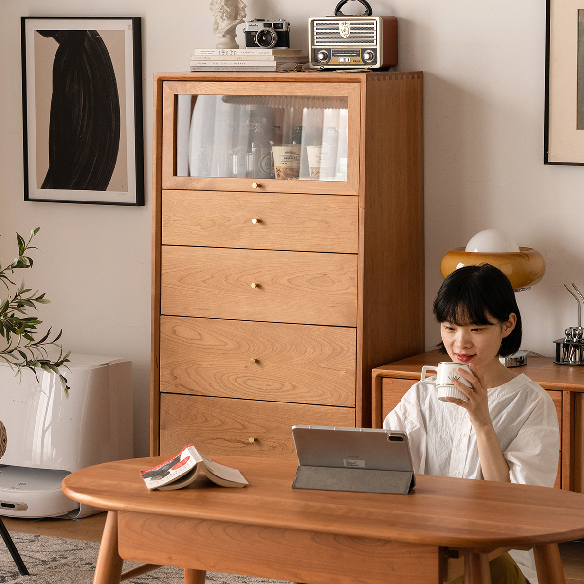 小半北欧客厅樱桃木简约五斗柜