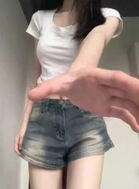 美式复古做旧牛仔短裤女夏季高腰显瘦a字百搭小个子辣妹热裤薄款