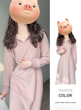 粉色连帽长袖连衣裙子女2024新款早初秋装针织卫衣中长裙韩系穿搭