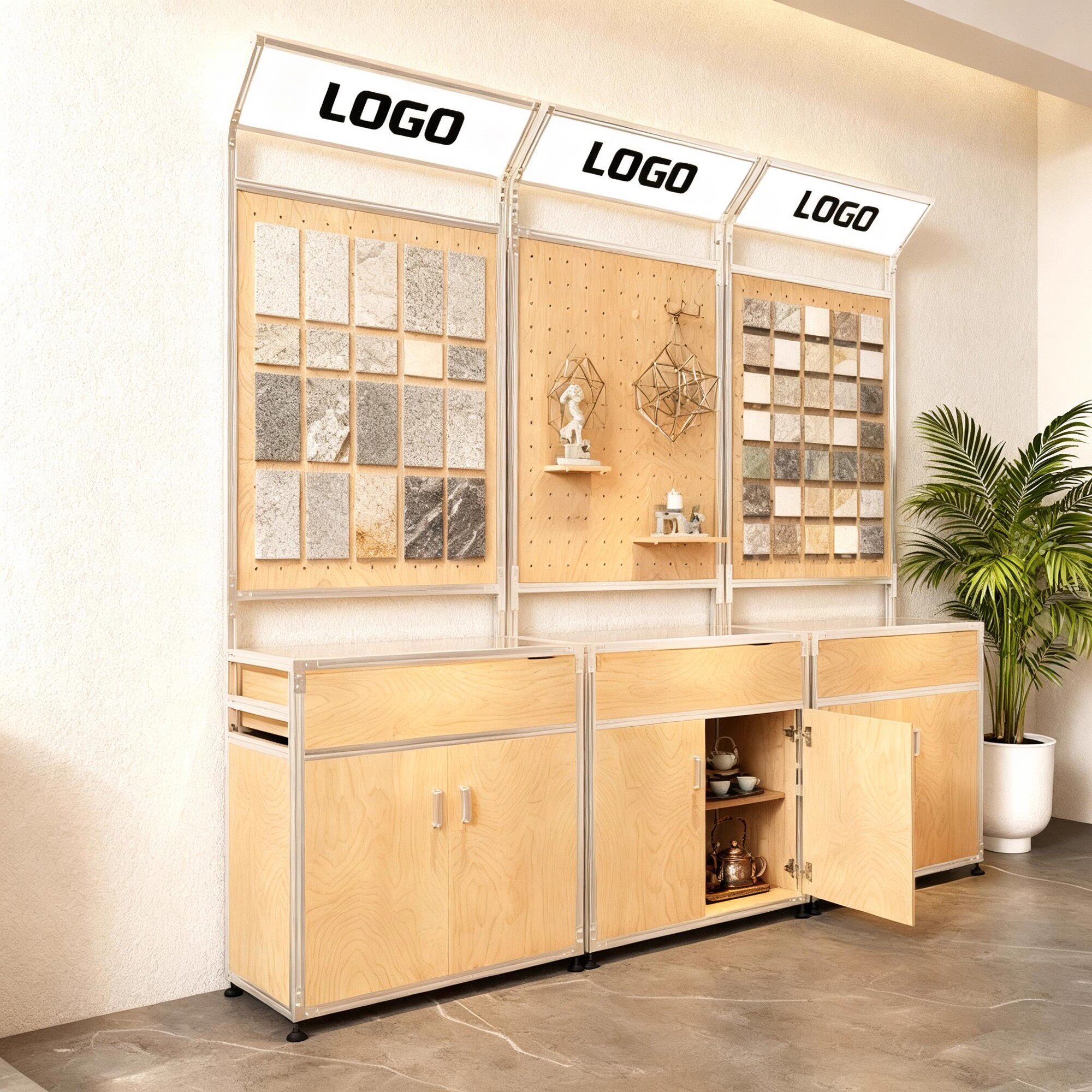 铝型材桦木海洋板展览馆创意洞洞板样品摆放陈列置物架展示架