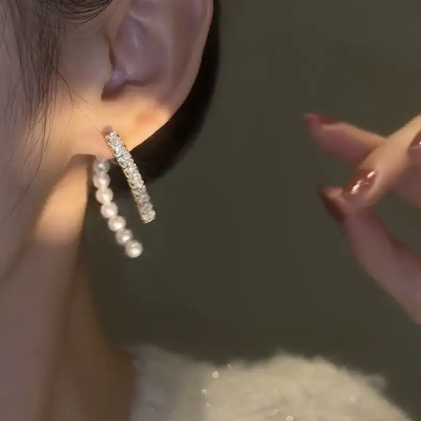 高级感前后两戴锆石真珠耳环女精致彼岸花拼接耳钉小众设计耳饰品