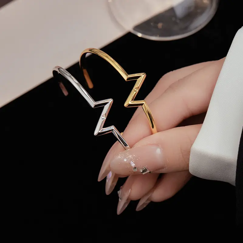 s925银简约时尚心跳设计手环女开口可调节气质网红百搭手环