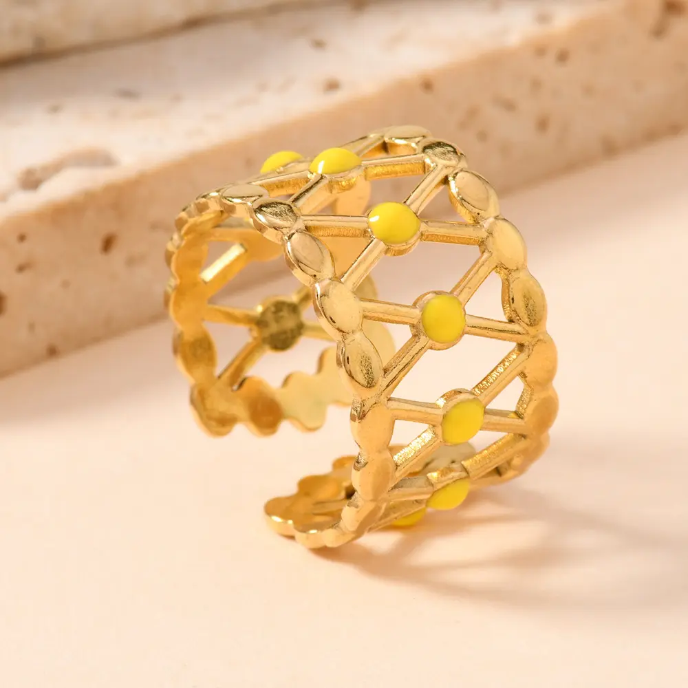 欧美时尚不锈钢戒指 小众高级感镂空滴彩色油开口戒指女士饰品