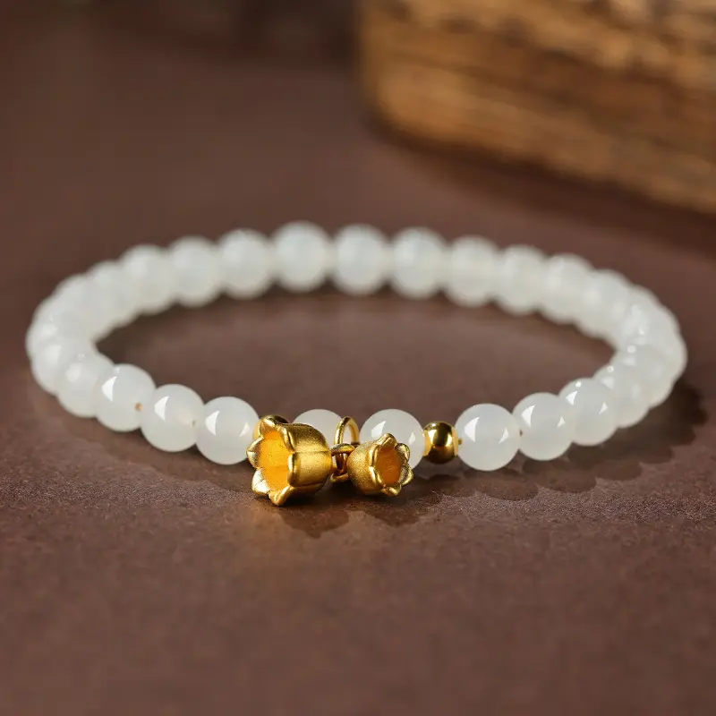 天然和田玉手链女款羊脂玉黄金铃兰花手串女士小珠子轻奢小众精致