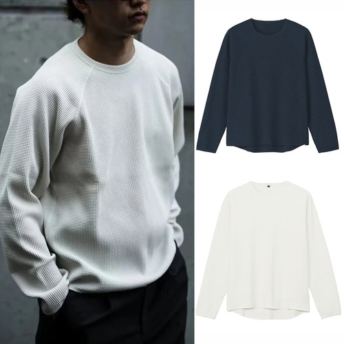 圆领中国白色华夫格轻量透气长袖