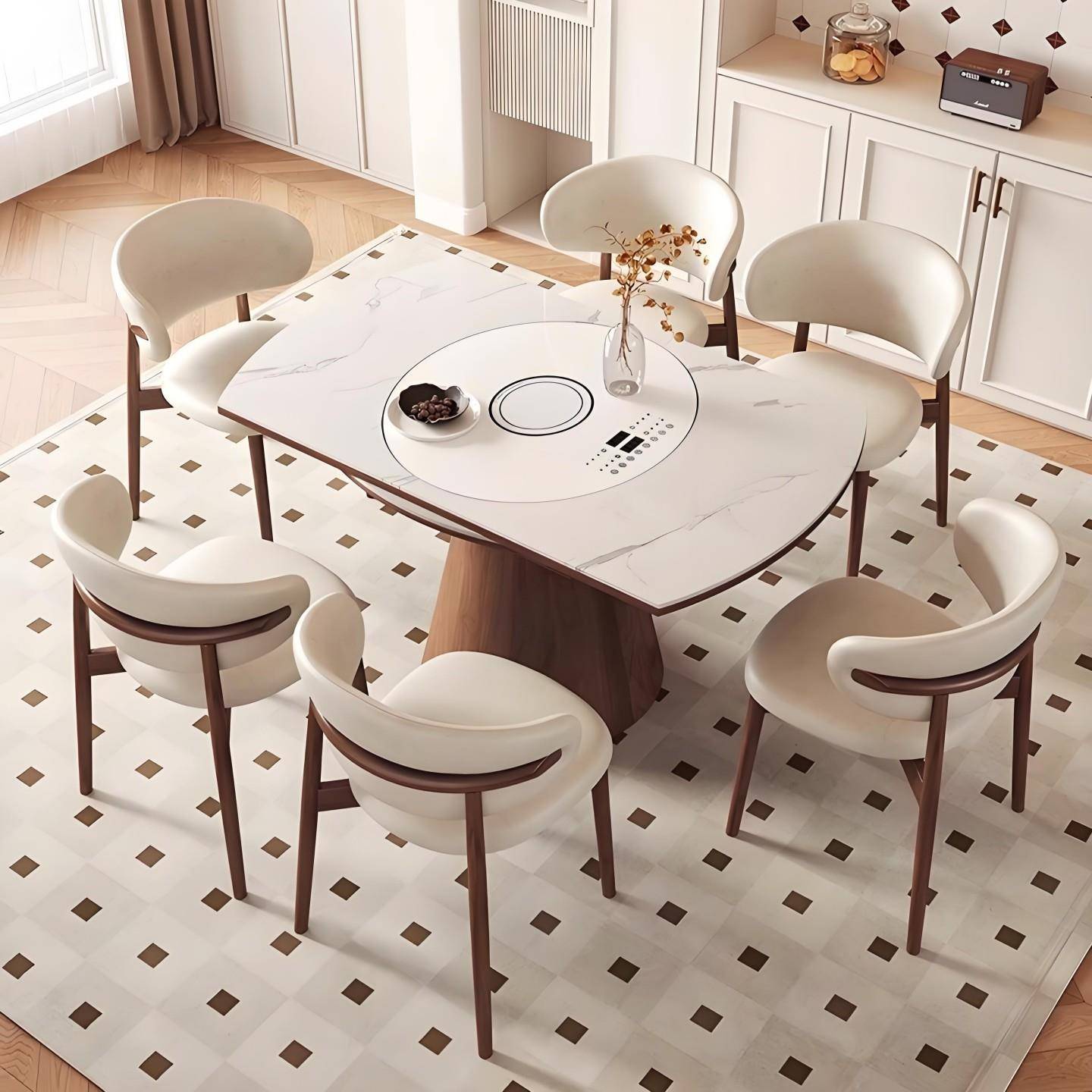 实木岩板餐桌可折叠带热菜板电动转盘电磁炉跳台可变圆桌火锅饭桌