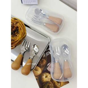 可爱的304不锈钢儿童叉子和勺子设置短柄婴儿进食餐具甜点勺子便