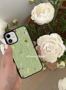 韩ins艺术模范生绿色小花插画欧尼同款苹果17promax保护套iPhone17/16/15/14/13/12全包边11手机壳Xsmax黑16e