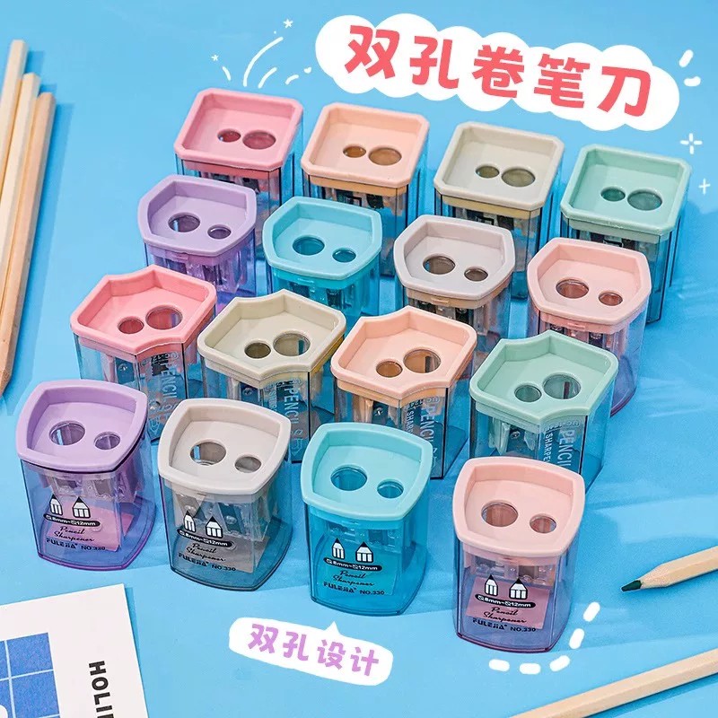 双孔创意卷笔刀莫兰迪色小学生削笔文具儿童透明手动转笔刀铅笔刀
