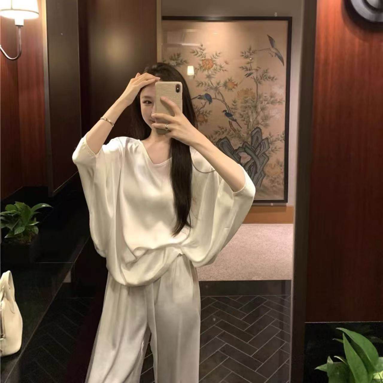 睡衣女款爆款2025网红老钱松弛感篇幅袖慵懒风宽松休闲套装家居服
