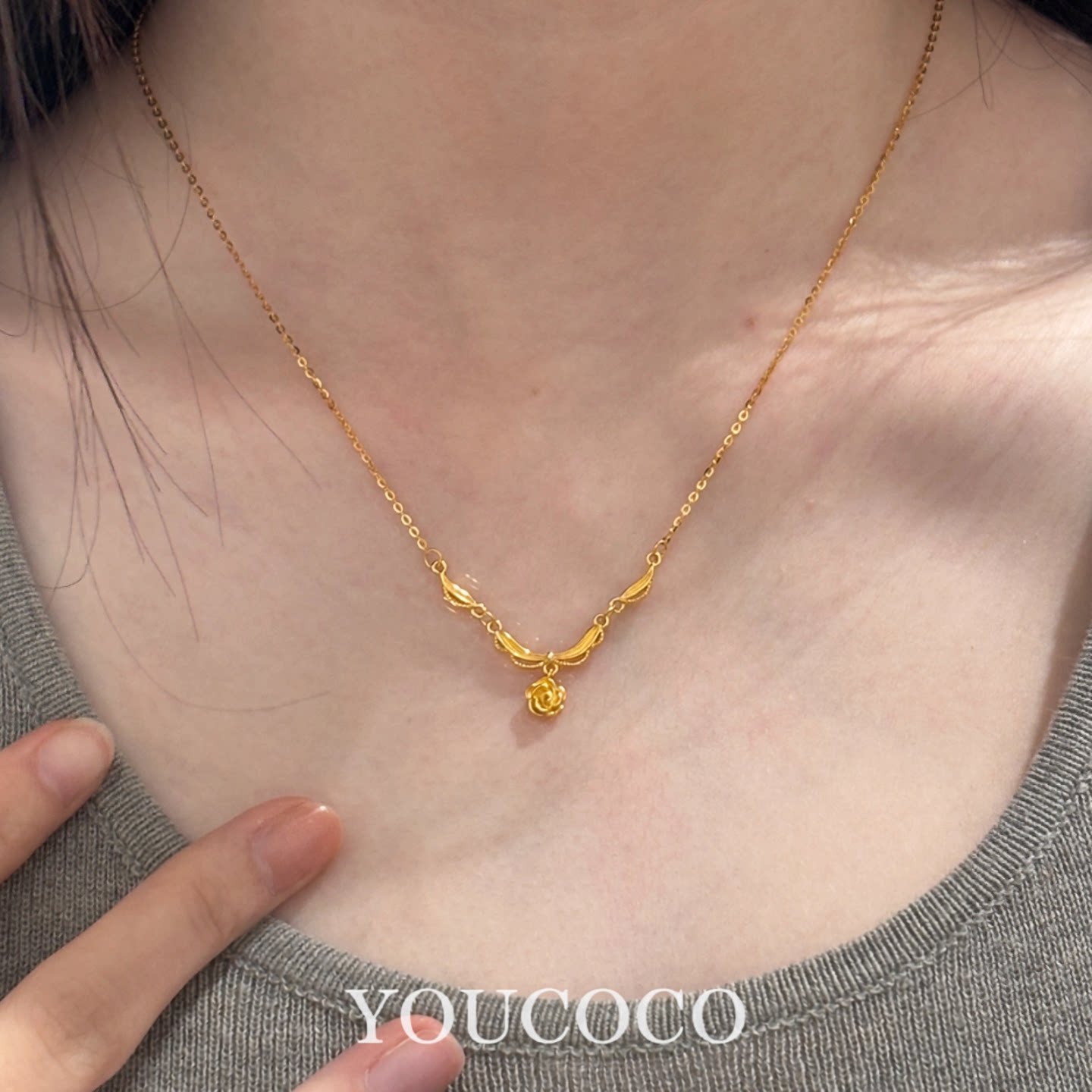 s925纯银金色花边玫瑰项链女图片