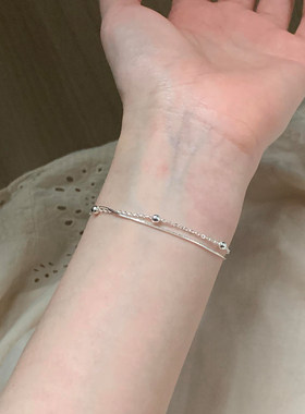 S925纯银色圆珠双层蛇骨手链女