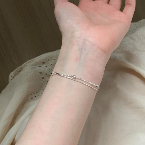 S925纯银色圆珠双层蛇骨手链女