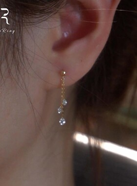 S925纯银复古金色水滴流苏耳钉女