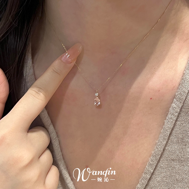 S925纯银粉色水滴闪钻项链女2026年新款甜美设计感百搭超闪锁骨链