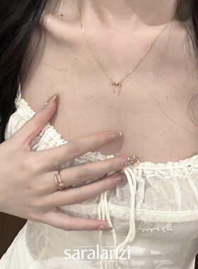 S925纯银金色蝴蝶结锆石项链女