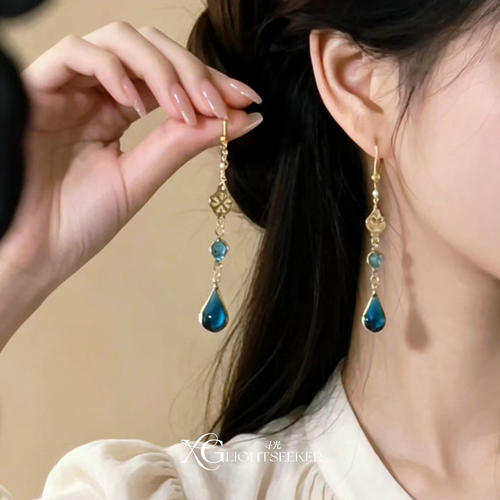 S925纯银蓝色花朵水滴流苏耳钉女