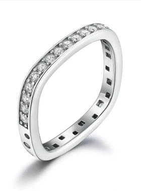 纯银满钻单排钻方形方圆戒指女小众欧美时尚排戒925 sier ring