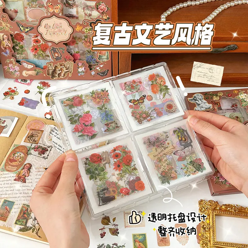 复古花朵贴纸100张套装创意手帐贴纸pet防水贴画装饰