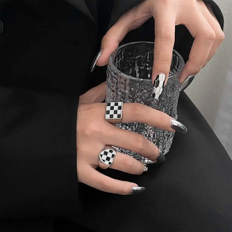 棋盘格滴釉开口戒指套装女夏小众设计冷淡风食指戒时尚个性指环潮