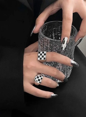 棋盘格滴釉开口戒指套装女夏小众设计冷淡风食指戒时尚个性指环潮