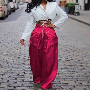 ins可拆卸立体口袋阔腿裤 2025春夏季 女士休闲长裤 时尚 新款