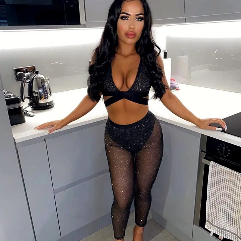 多色波比k21st723欧美女装2022春季新款挂脖镂空袖纯色紧身套装