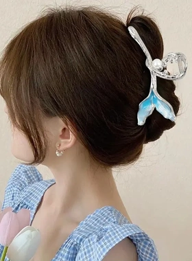 蓝色海洋鱼尾珍珠抓夹大号发量多小众设计感女后脑勺夹高品质