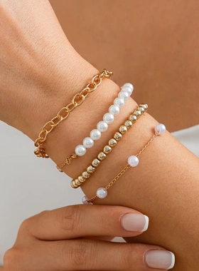 欧美饰品 时尚braelet串珠手链套装 气质仿珍珠简约多层手链