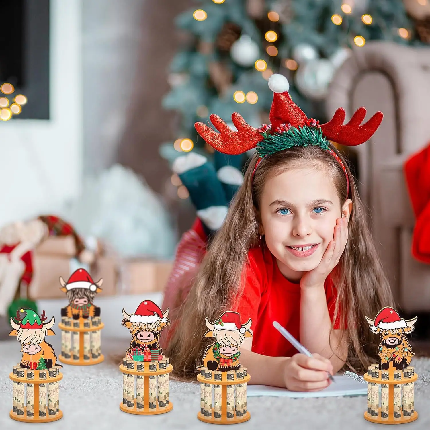 爆款圣诞钱架饰品带10孔手工木制圣诞现金架装饰品假日餐桌装