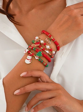 欧美饰品 创意彩色字母圣诞款手链 简约软陶串珠撞色手饰套装