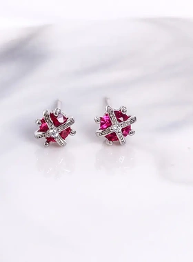s925银法式复古耳钉女红色锆石立体高级感精致耳环耳饰