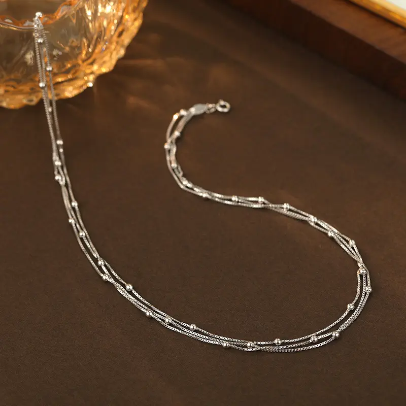 s925银三层叠戴圆珠项链女小众ins风锁骨链新品潮素银颈饰