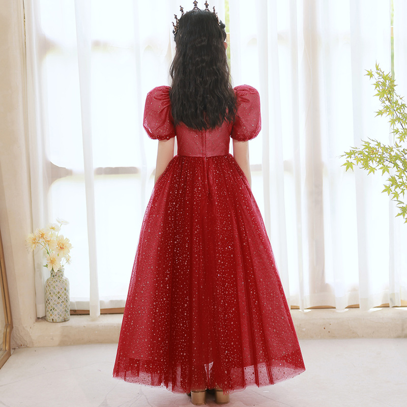 红色礼服女童高端公主裙儿童主持人小花童婚礼钢琴演奏演出服春季