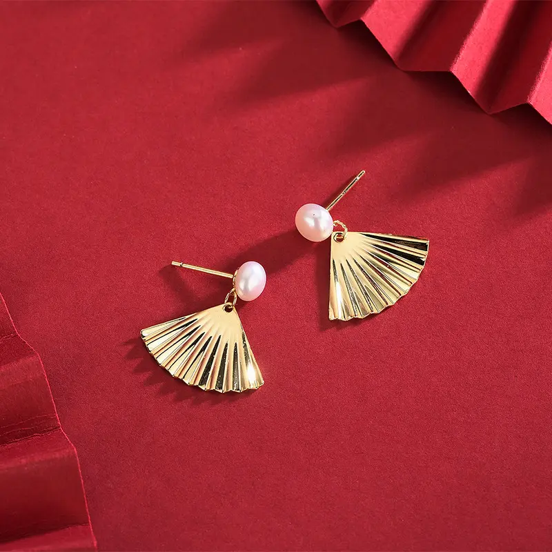 银针铜件森系淡水珍珠扇形耳钉气质民族风宫廷耳环一件